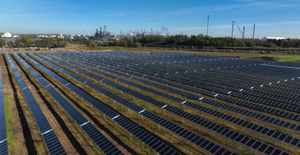 A field of solar panels outside Pine Bend refinery