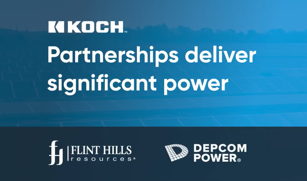 A blue screen showing the Koch logo with the text "Partnerships deliver significant power"